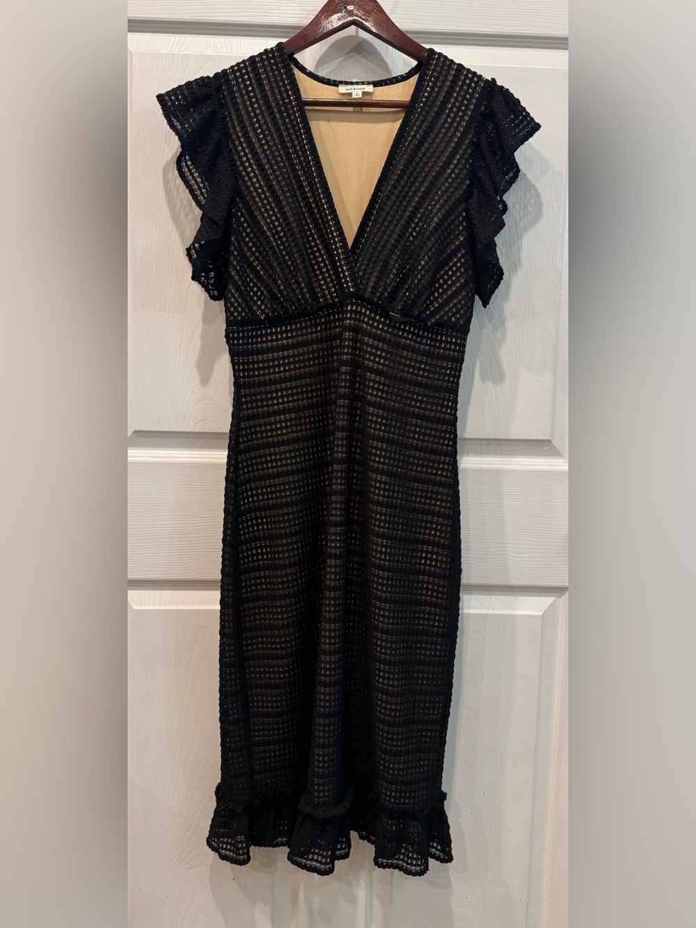 Max Studio Black Lace Flutter Sleeve High Waist V Neck Bodycon Dress Size L - Picture 3 of 11